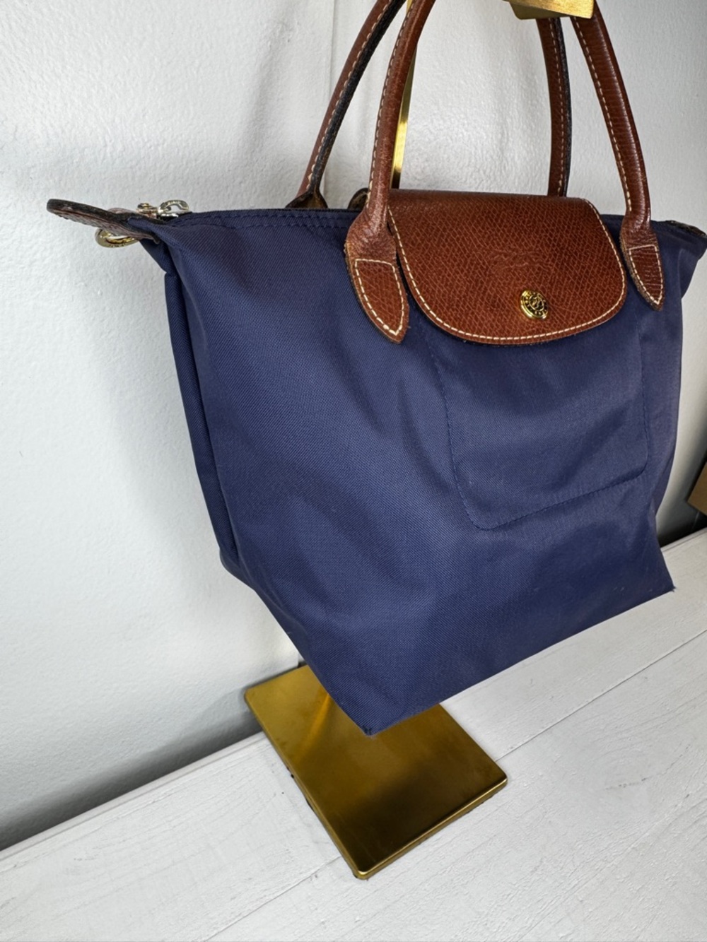 Longchamp Le Pliage Small Navy Nylon Tote Brown Leather Handles Authentic - Picture 3 of 14